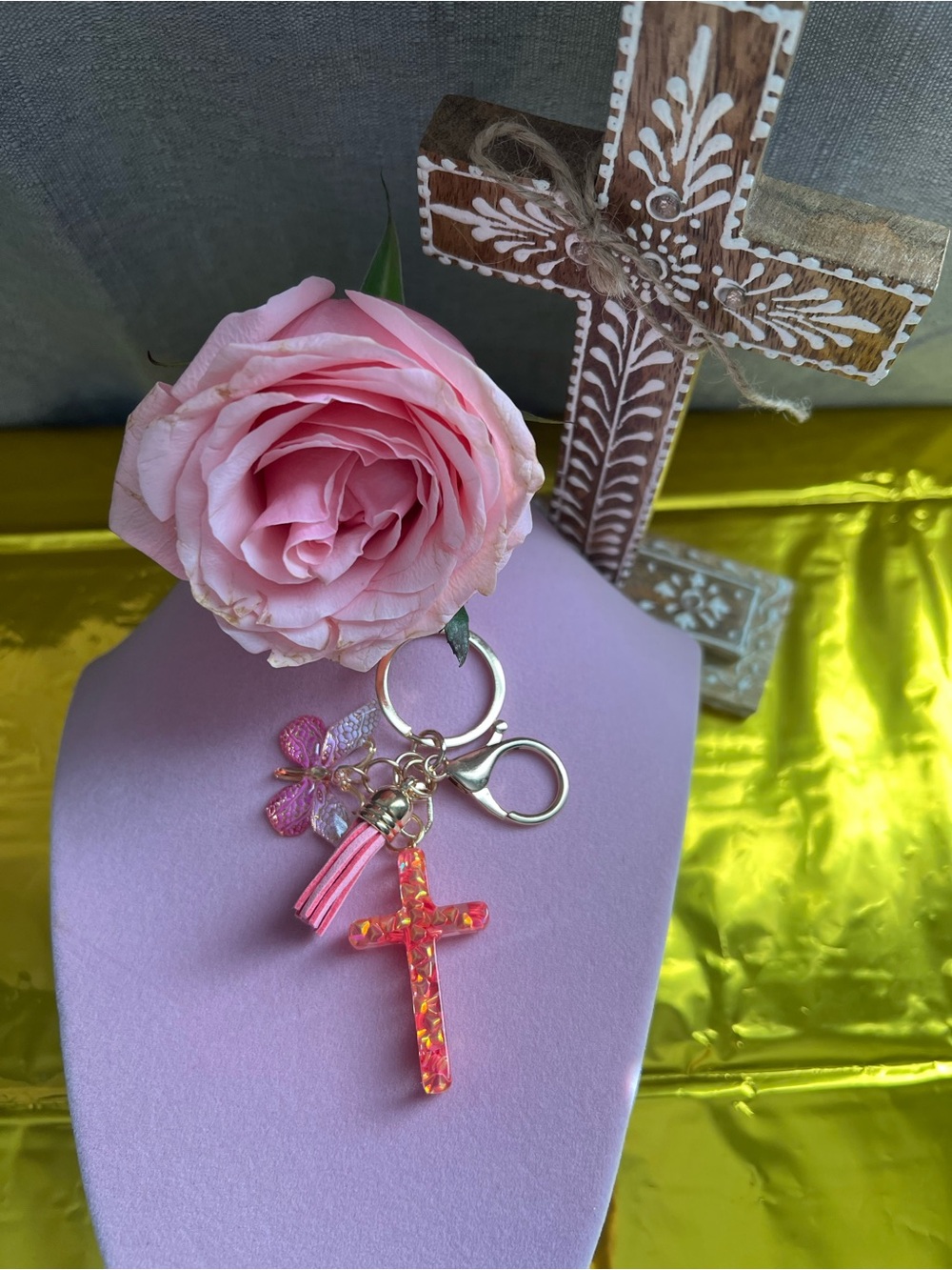 Pink Iridescent Cross Keychain with Tassel & Flower Charm